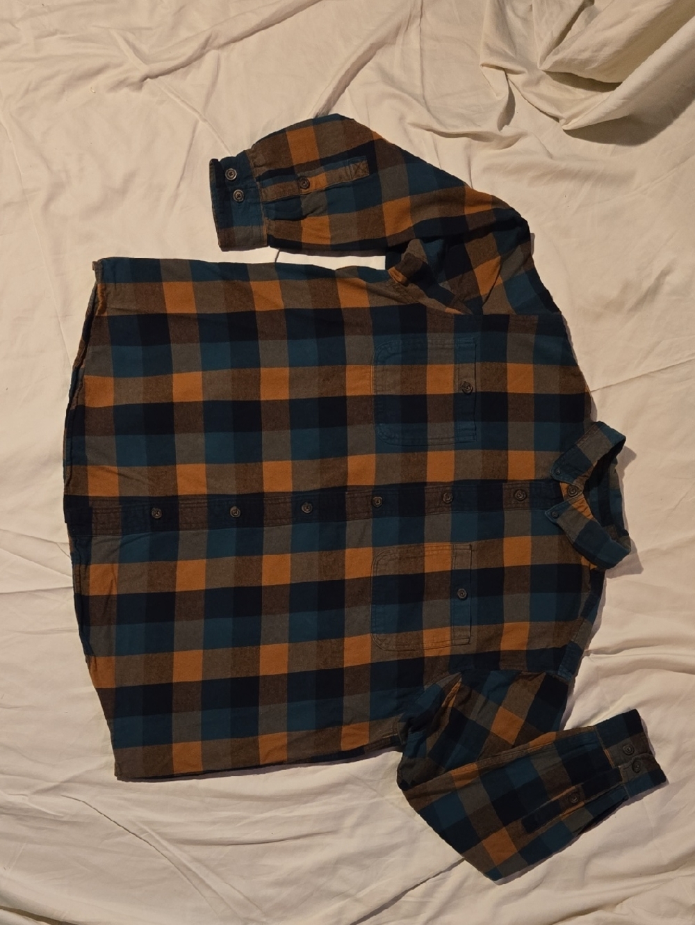 Duluth Trading Co Teal and Brown Plaid Long-Sleeve Button-Down Shirt